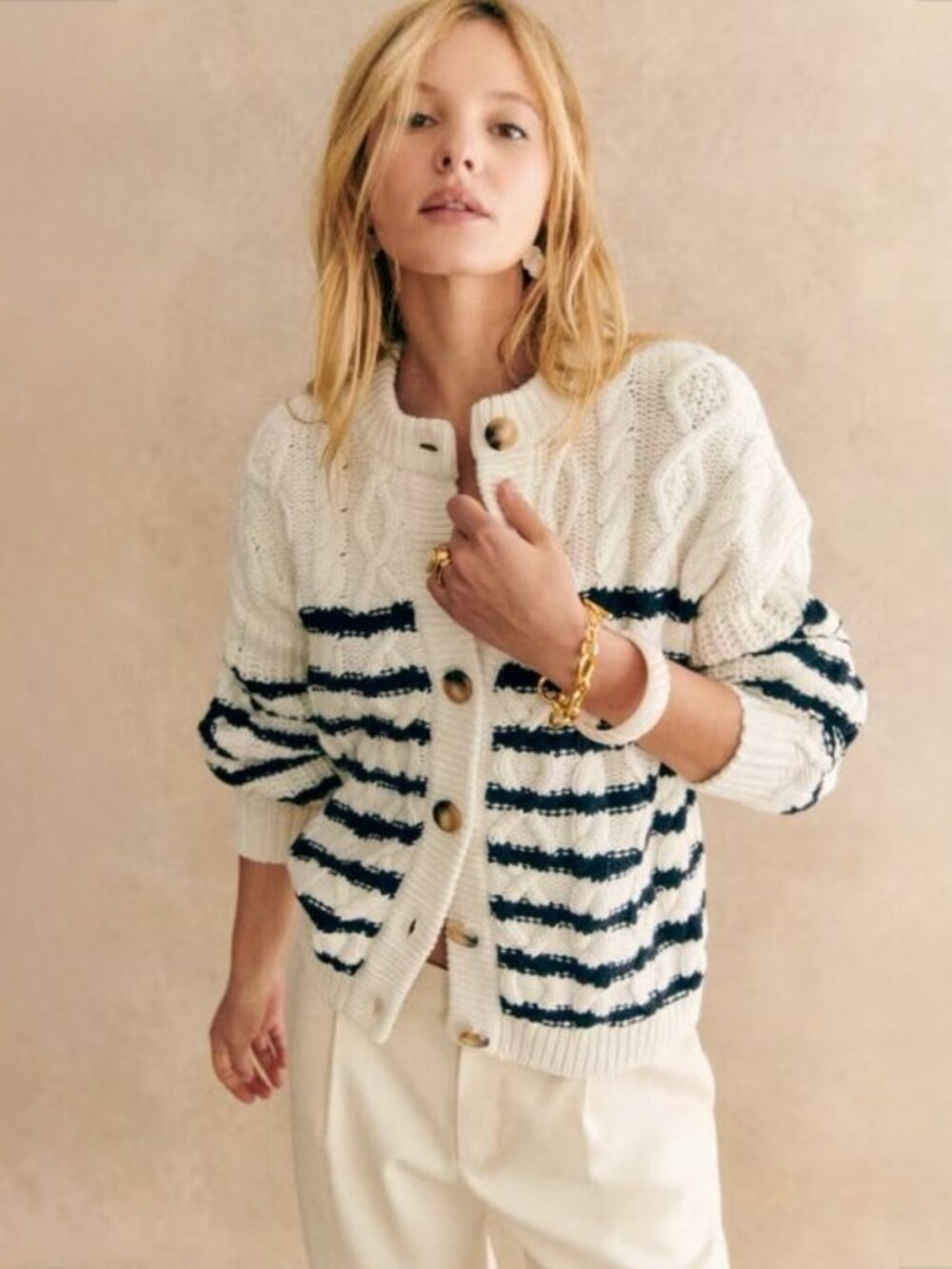 Sezane Sean‎ Cardigan Navy Ecru Striped Size Small Cotton Wool Cable Knit - Picture 15 of 16